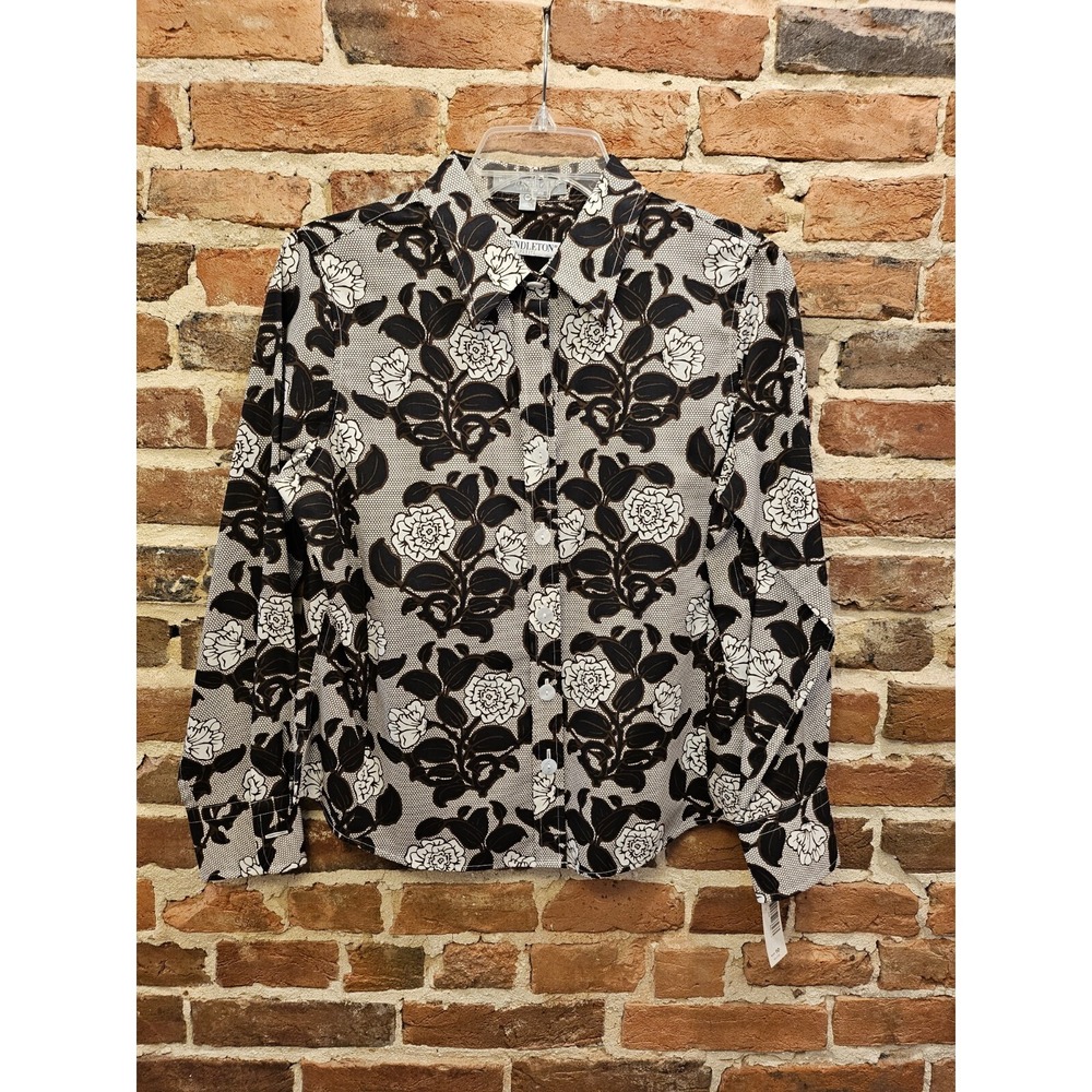 Pendleton Black Brown Floral‎ Button-Up L/S Fitted Wrinkle Free Fitted Shirt 10P